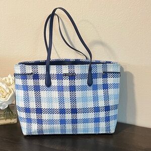 Kate Spade New York Raffia Woven Checkered Tote Bag